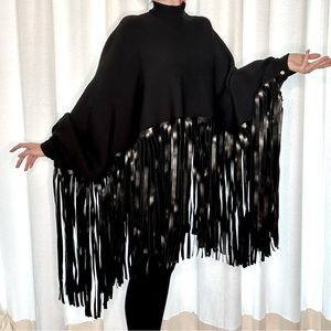 Akira Black Polyurethane Fringe Poncho Sweater